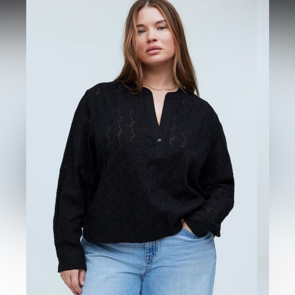 Madewell Black Linen Blend Popover Long Sleeve Top Size XXL